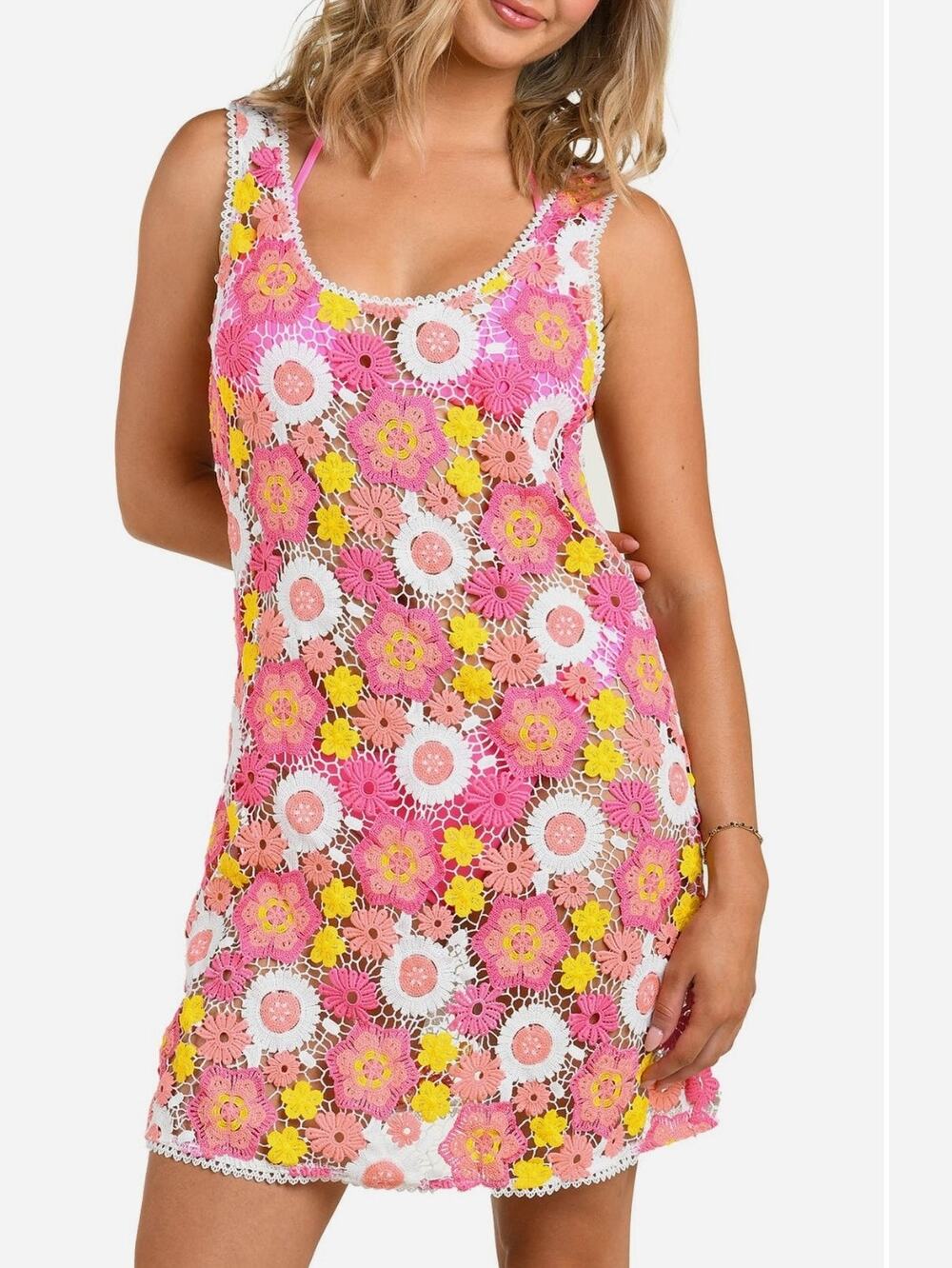 Citrus Happy Cover-Up Crochet Dress in Lagoon Pink Yellow Peach White NWT Small